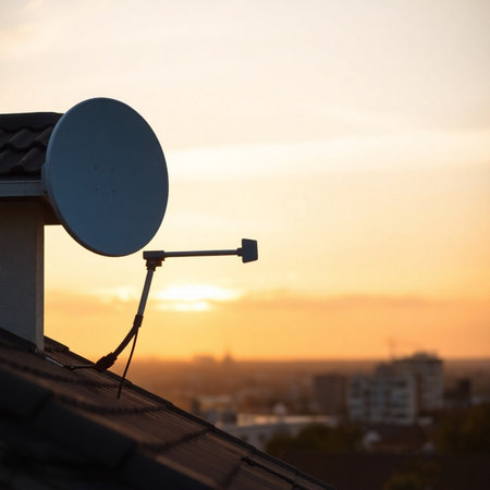Satellite dish on the roof of a residential building at sunset.の素材