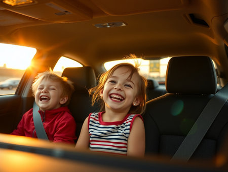 Happy children laughing in car. Little boy and girl on back seat of the carの素材