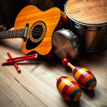 Acoustic guitarcas and drumsticks on a wooden backgroundの素材