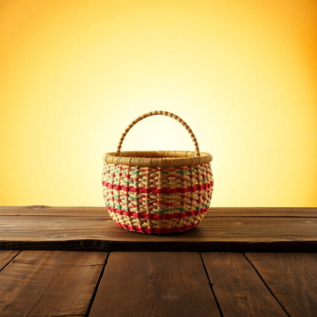 Empty wicker basket on wooden table over yellow background. Rustic style.の素材