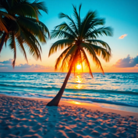 Blur tropical beach with coconut palm tree at sunset - Vintage Filterの素材