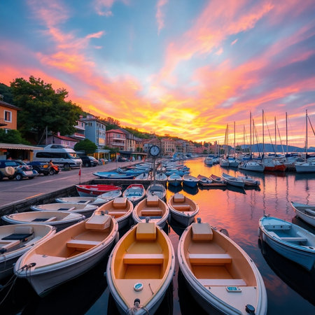 Sunset over the marina and boats in Rovinj, Croatiaの素材
