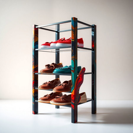 Shelves with shoes on light background. 3d rendering.の素材
