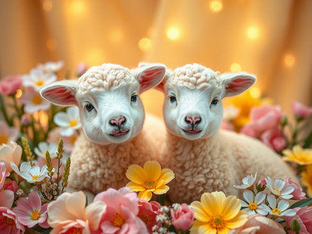 Cute little lambs with flowers on bokeh background.の素材