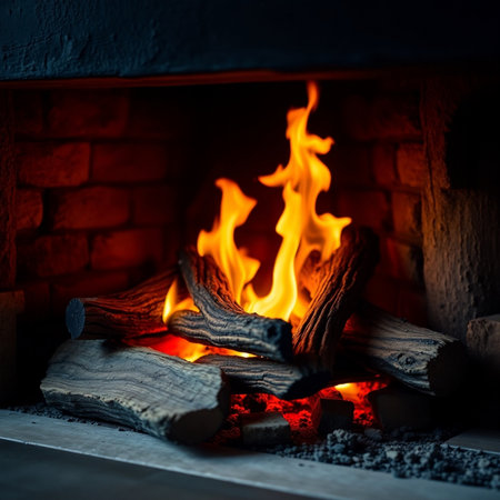 Burning firewood in a fireplace, close-up. Fireplaceの素材