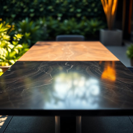 Wooden table and chair in coffee shop with bokeh backgroundの素材