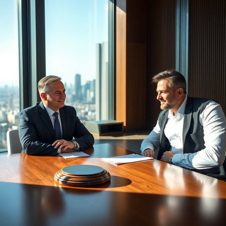 Two businessmen sitting at a table in a modern office with a city viewの素材