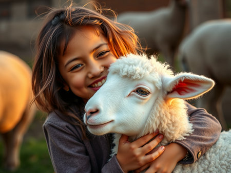Beautiful asian girl with white sheep on the farm at sunsetの素材