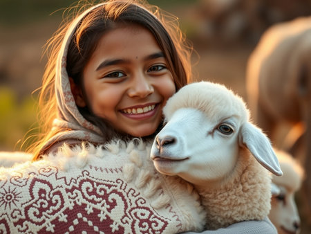 Cute little girl playing with sheep at sunset, closeup portraitの素材