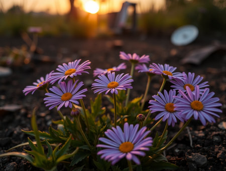 Purple daisies in the garden at sunset. Shallow depth of field.の素材