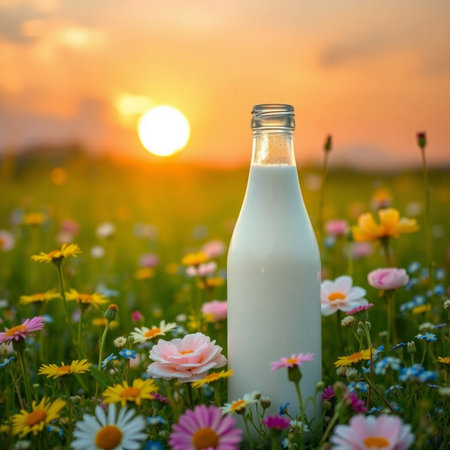 Bottle of milk on the meadow with flowers at sunset.の素材