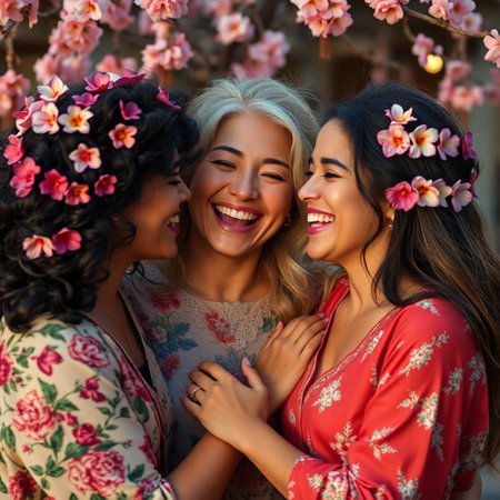 Portrait of three beautiful women with flowers in their hair and smileの素材
