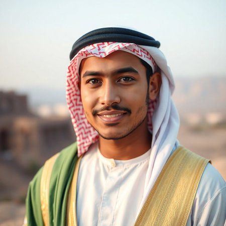 Portrait of young Arabian man in traditional clothes outdoors.の素材