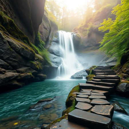 Waterfall in the forest at sunrise. Beautiful nature landscape with waterfall.の素材