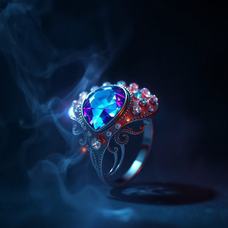 Jewelry ring with blue sapphire on a dark backgroundの素材
