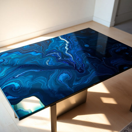 Closeup of a blue marble table in a modern room with sunlightの素材