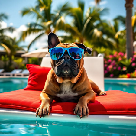 Portrait of a boxer dog in sunglasses lying on a swimming poolの素材