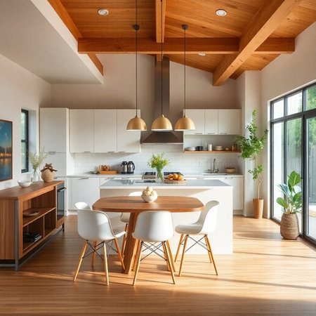 interior of modern bright kitchen with white walls, wooden floor and islandの素材