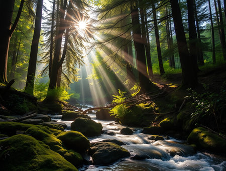 Beautiful summer landscape with a mountain river and sunbeams.の素材