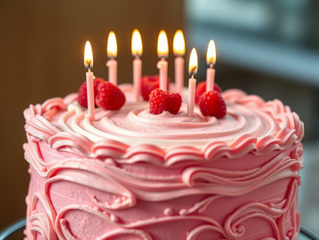 Birthday cake with burning candles on blurred background, close-upの素材