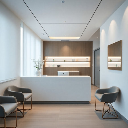 Interior of a modern office with white and wooden walls, a wooden floor and a white reception desk. 3d renderingの素材