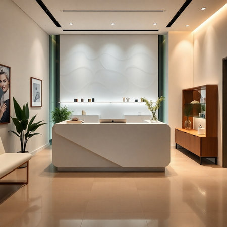 Interior of a modern hotel reception desk. 3D render.の素材