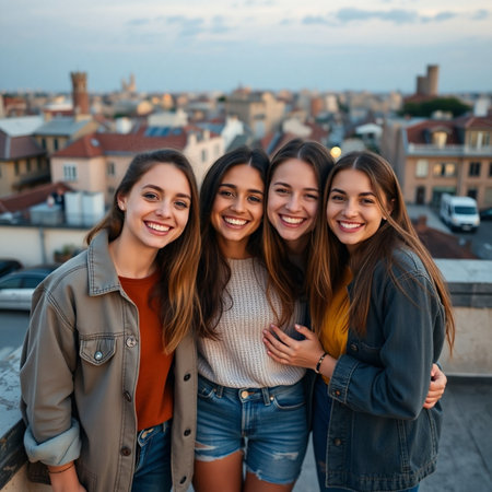 Group of smiling young women standing on the roof and looking at cameraの素材