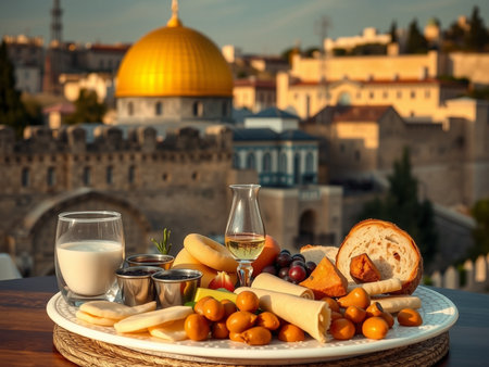 Cheese platter with wine, olives and cheese in front of the old city of Jerusalem, Israelの素材