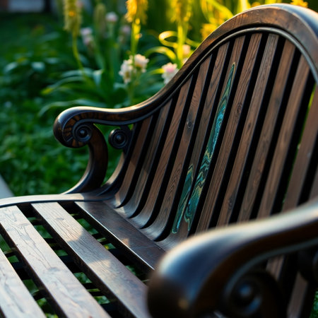 wooden bench in the garden, close-up, selective focusの素材