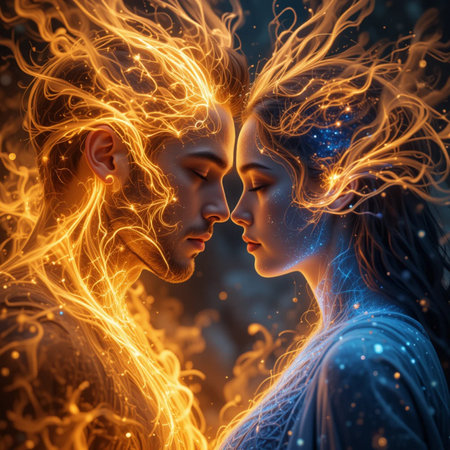 Portrait of a man and woman in the flames of fire.の素材