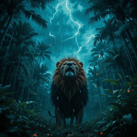 Lion in the jungle with lightning and rain. 3d renderingの素材