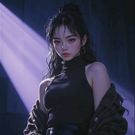 Portrait of a beautiful Asian girl in the rays of lightの素材