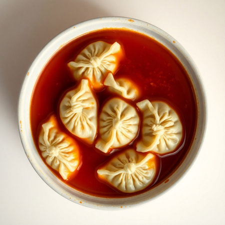 Boiled dumplings in tomato sauce on a white background.の素材