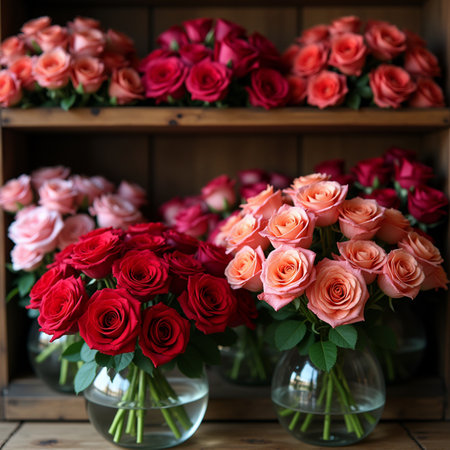 Bouquet of red and pink roses in vase on wooden backgroundの素材