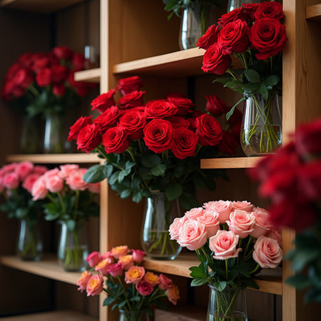 Bouquets of red and pink roses on a wooden shelfの素材