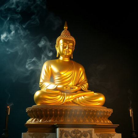 golden buddha statue with smoke on black background, closeupの素材