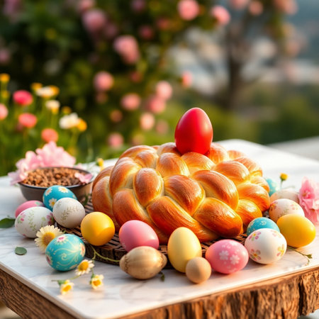 Easter cake and easter eggs on a table in a gardenの素材