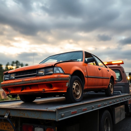 Side view of an orange retro car being transported by a tow truckの素材