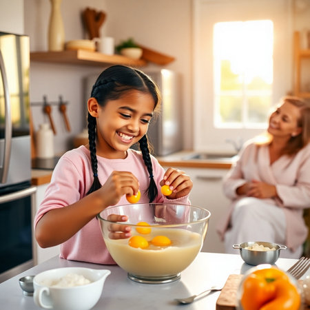 Cute little girl is breaking eggs in the bowl while her mother is cooking in the background.の素材