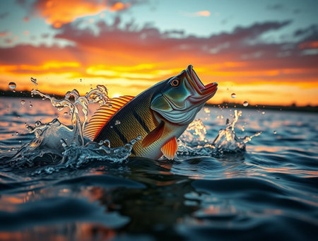 Perch caught on a hook in the water at sunset. Fishing conceptの素材