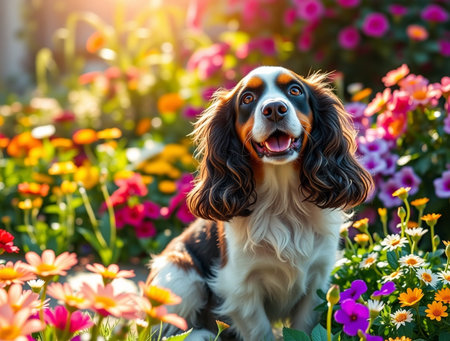 Cocker Spaniel dog in the garden with flowers and sunlight.の素材