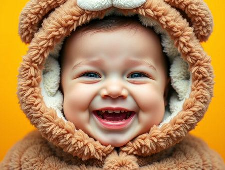 Portrait of a cute smiling baby boy in a fur hat on a yellow backgroundの素材