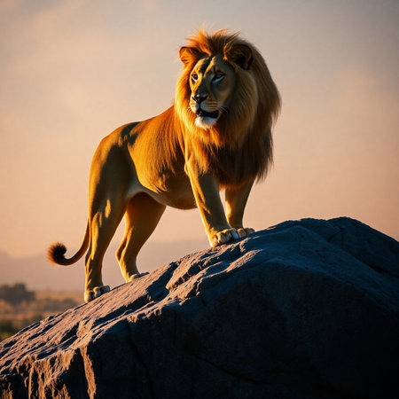 Lion standing on a rock at sunset in Namibia, Africaの素材