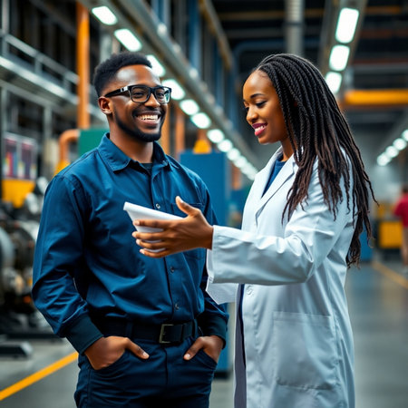 smiling african american factory workers using digital tablet in warehouseの素材