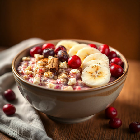 Oatmeal with berries and nuts in a bowl on a wooden backgroundの素材