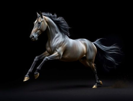 Beautiful bay horse running on black background. 3d rendering.の素材