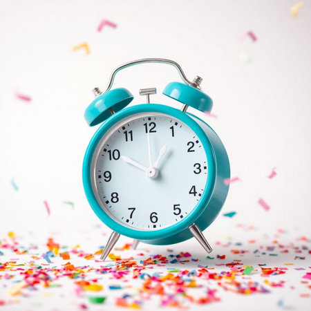 Alarm clock and confetti on white background. 3d renderingの素材