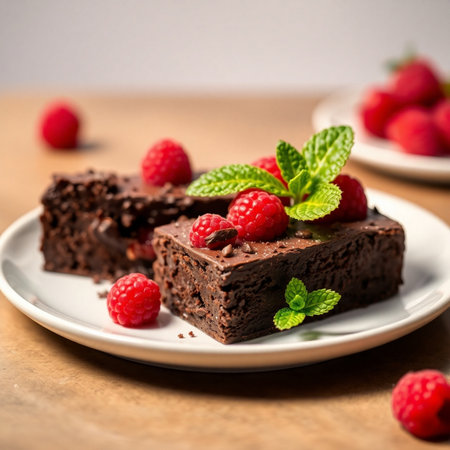 Chocolate brownies with raspberries and mint on a plateの素材