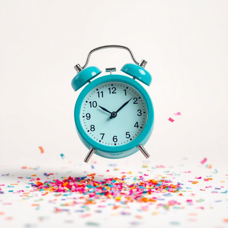 Alarm clock and confetti on white background. Time concept.の素材