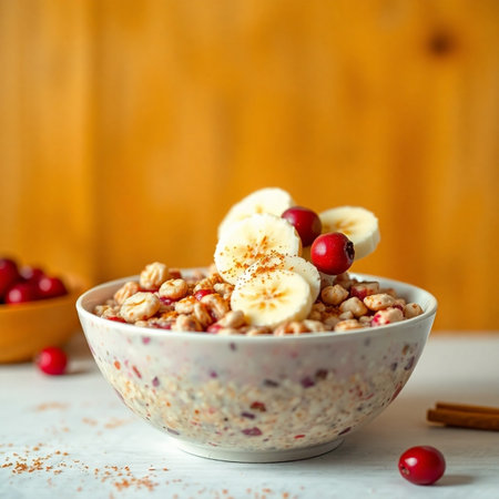 Oatmeal with banana and cranberries in a bowl on a wooden backgroundの素材